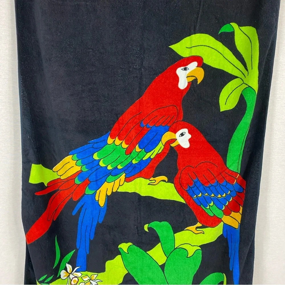 Vintage Tropical Parrot Print Black Beach Towel